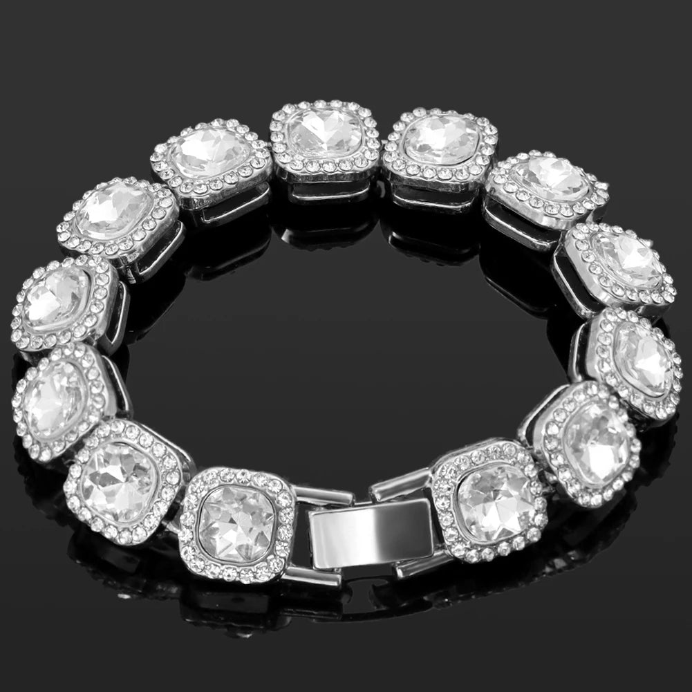 luckacco iced out pink cuban bracelet for women hip hop gold silver color crystal heart circle square bracelet 4pcs set jewelry gift