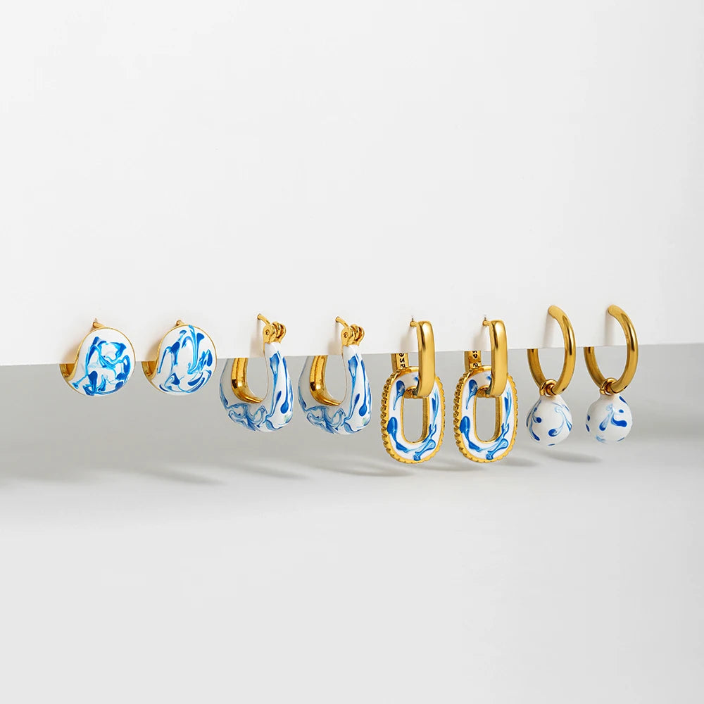 luckacco vintage white&blue flower enamel beads hoop earrings for women gold plated stainless steel huggies earring creative jewelry gift