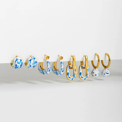 Luckacco Vintage White&Blue Flower Enamel Beads Hoop Earrings for Women Gold Plated Stainless Steel Huggies Earring Creative Jewelry Gift