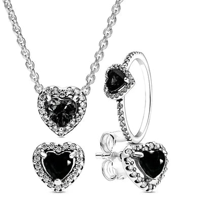Luckacco New 925 sterling silver heart-shaped pink ring necklace earring set luxurious sparkling charm jewelry fashion wedding gift