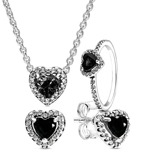 Luckacco New 925 sterling silver heart-shaped pink ring necklace earring set luxurious sparkling charm jewelry fashion wedding gift
