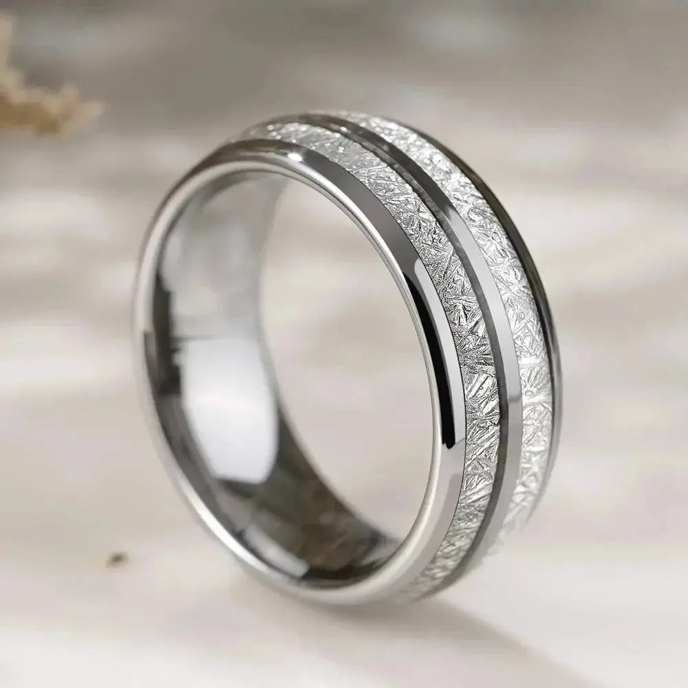 luckacco fashion 8mm silver color stainless steel rings for men double groove meteorite inlay dome men finger ring wedding band jewelry