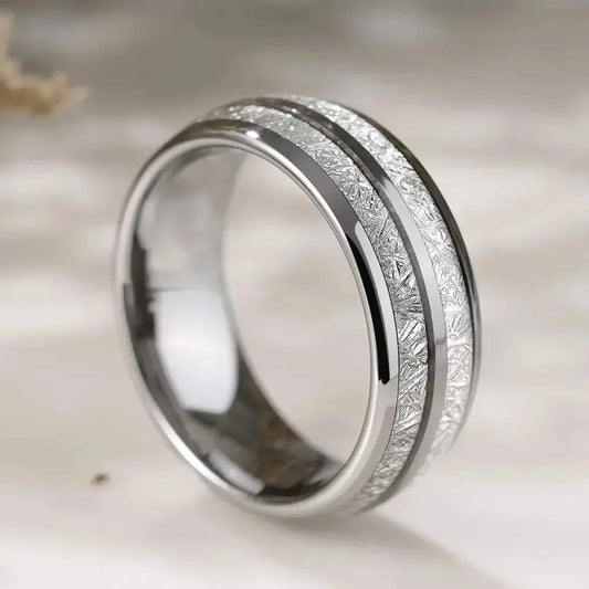 Luckacco Fashion 8mm Silver Color Stainless Steel Rings for Men Double Groove Meteorite Inlay Dome Men Finger Ring Wedding Band Jewelry