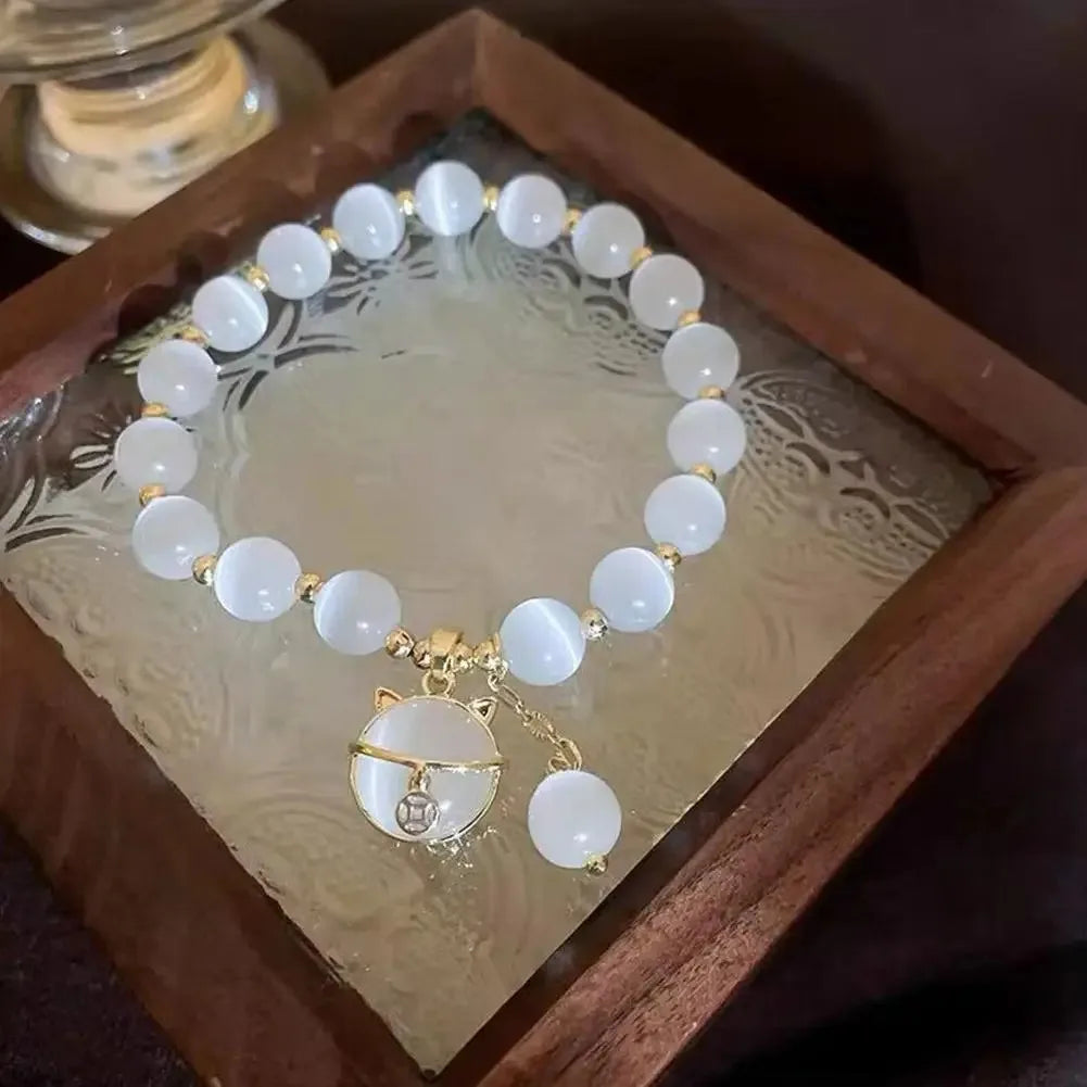 luckacco exquisite opal beaded bracelet for women elegant lucky cat pendant adjustable bracelets fashion friendship jewelry gifts