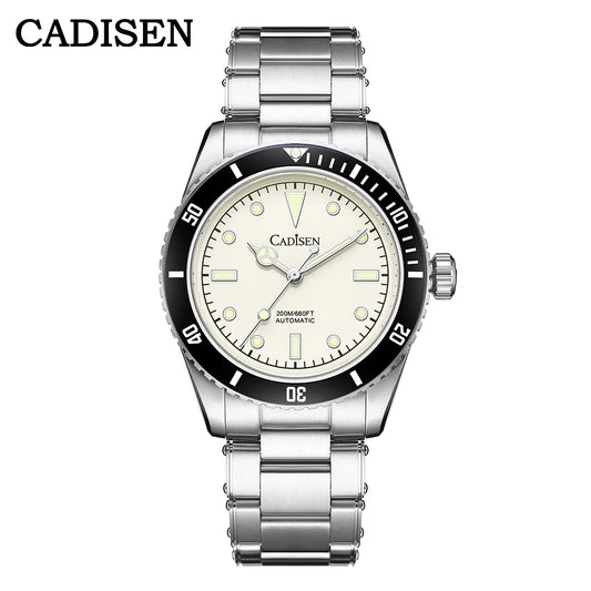 Luckacco CADISEN Luxury Men Watch 38mm Diver Vintage Automatic Business Wristwatches NH35 Mechanical Sapphire 20 Bar Mens Retro Clock
