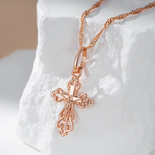 Luckacco Kinel Luxury 585 Rose Gold Color Cross Pendant Necklace For Women Men Orthodox Church Jesus Glossy Charm Daily Fine Jewelry