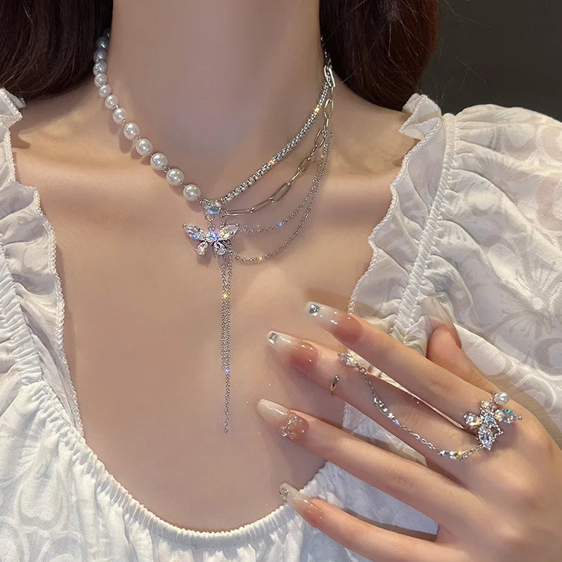luckacco 2023 new fashion trend unique design delicate vintage zircon flower pearl necklace women jewelry wedding party premium gift