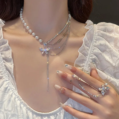 Luckacco 2023 New Fashion Trend Unique Design Delicate Vintage Zircon Flower Pearl Necklace Women Jewelry Wedding Party Premium Gift