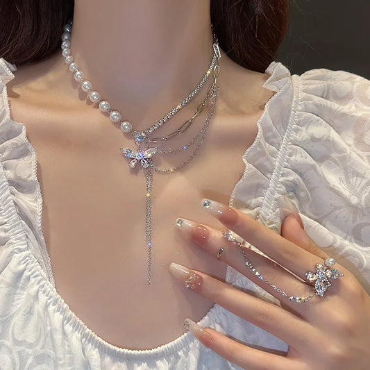 Luckacco 2023 New Fashion Trend Unique Design Delicate Vintage Zircon Flower Pearl Necklace Women Jewelry Wedding Party Premium Gift