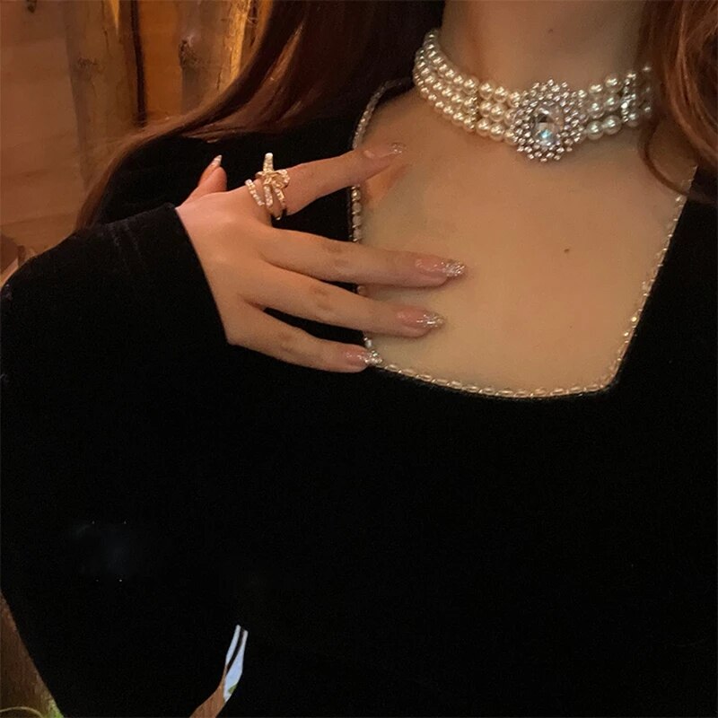 MASA Korea New Design Fashion Multilayer Exaggerated Crystal  Elegant White Pearl Female Clavicle Necklace for Woman - luckacco