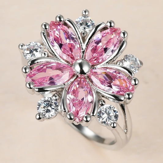 Luckacco Cute Female Pink Crystal Stone Ring Charm Silver Color Thin Wedding Rings For Women Dainty Bride Flower Zircon Engagement Ring