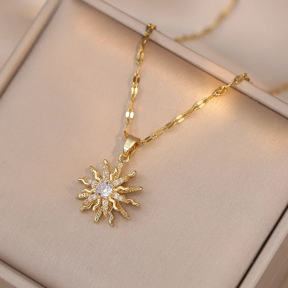 luckacco rotating flower pendant stainless steel chains necklaces for women antique silver color ins white zircon sun clavicle necklace