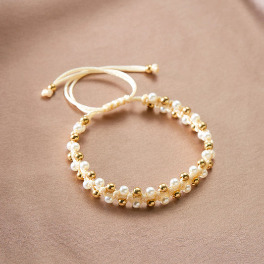 Luckacco Boho Imitation Pearl Beaded Metal Beads Bracelet for Women Vintage Handmade Woven Adjustable Chain Bowknot Heart Jewelry Gifts