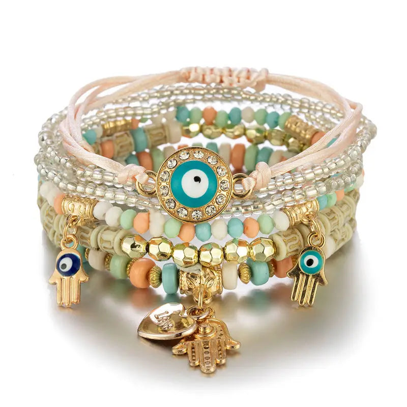 luckacco 6pcs/set bohemian evil eye bracelet set for women fatima hand heart charm beaded rope chain bangle female jewelry gift