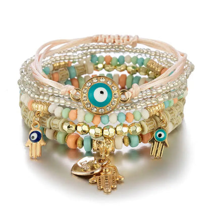 Luckacco 6Pcs/set Bohemian Evil Eye Bracelet Set For Women Fatima Hand Heart Charm Beaded Rope Chain Bangle Female Jewelry Gift