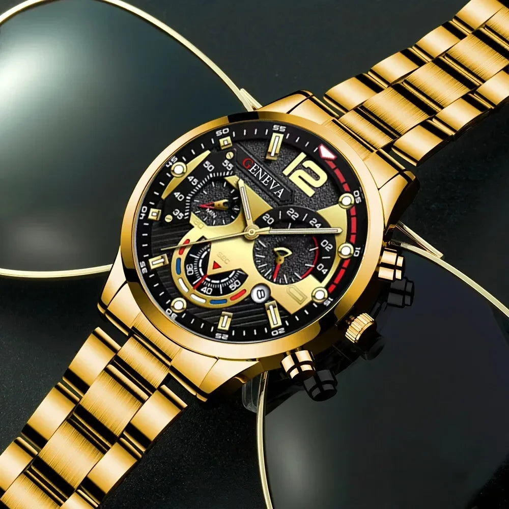 luckacco 4pcs/set luxury men business quartz watch stainless steel roman calendar wrist watch cross necklace bracelet ring set men's gift