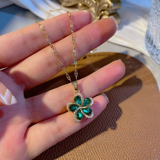 Luckacco DIEYURO 316L Stainless Steel Green Zircon Flowers Pendant Necklace For Women New Luxury Girls Lucky Chain Birthday Jewelry Gifts