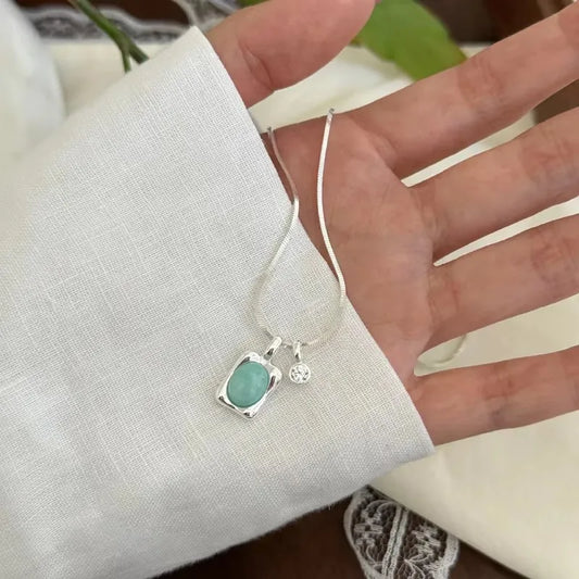 Luckacco PANJBJ 925 Sterling Silver Moonstone Necklace for Women Girl Individuality Geometric Simple Jewelry Birthday Gift