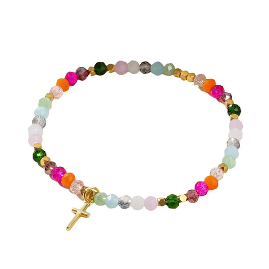 Luckacco Cross Square Crystal Beads Bracelet for Women Boho Natural Stone Stretch Beach Jewelry Multi-Color Religious Baptism Jewelry