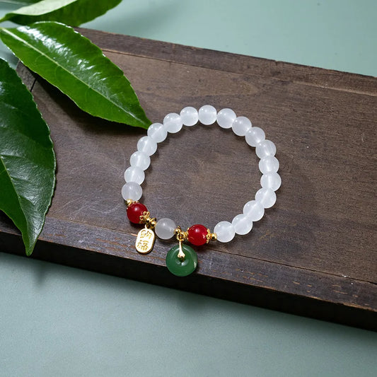 Luckacco Handmade Good Luck Wealth Elastic Beaded Bracelet Imitation Jade Ping An Buckle Lucky Amulet Prayer Bracelets For Women Men Gift