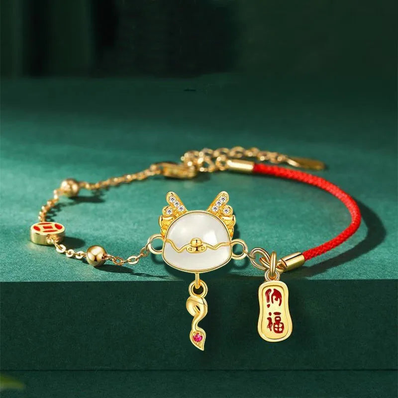 luckacco 2024 chinese style zodiac dragon bracelet for women men brings wealth health and good luck red beaded couple bracelet jewelry gi