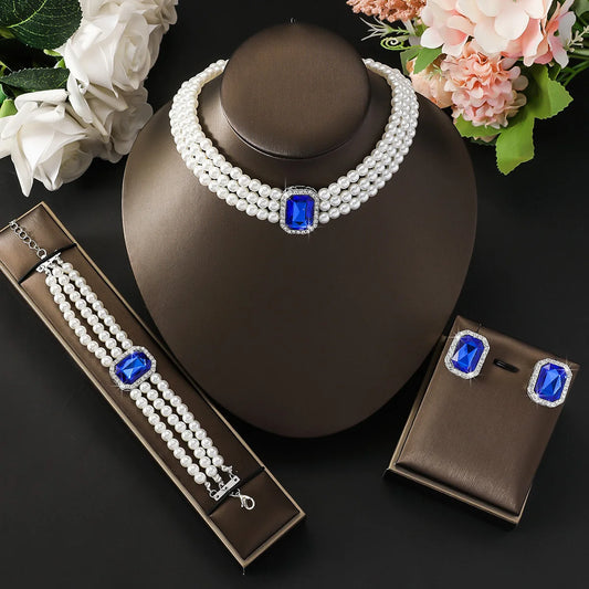 Luckacco 4PC Women's Fashion Light Luxury Short Style Imitation Pearl Turquoise Necklace Earrings Bracelet Jewelry Set Party Festival Gif