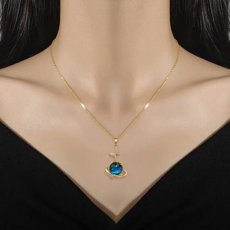 luckacco light luxury titanium steel star series necklace for women gold color planet moon astronaut pendant necklaces jewelry gifts