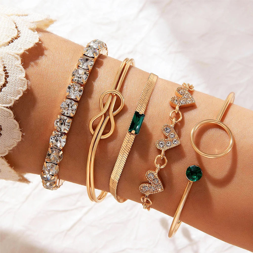 luckacco 4pcs/set fashionable snake imitation gemstone bangle rhinestone full metal bracelet set for women's jewelry birthday party gifts