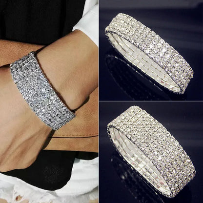 Luckacco Luxury Full White AAA CZ Zircon Crystal Elastic Bracelet Bling Iced Out Rhinestone Women's Bracelet for Women Wedding Jewelry