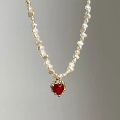 Luckacco Hot Sale Irregular Freshwater Pearl Red CZ Zircon Heart Pendant Necklaces for Women 14K Real Gold Plated Copper Choker
