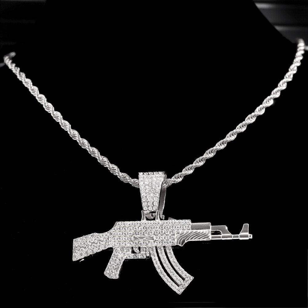 Hip Hop Men Women AK47 Submachine Gun Pendant Necklace Gold Silver Colour Iced Out Crystal Cuban Link Chain Necklaces Jewelry - luckacco