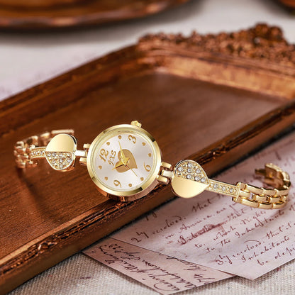 Luckacco New Small Gold Watch with Diamond Inlaid Bracelet Watch, Women's Compact Round Quartz Watch