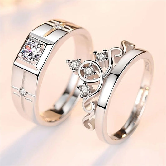 Luckacco 2Pcs Silver Color Luxury Zircon Crown Cross Couple Rings For Lovers Forever Endless Love Wedding Bands Ring Valentines Day Gifts