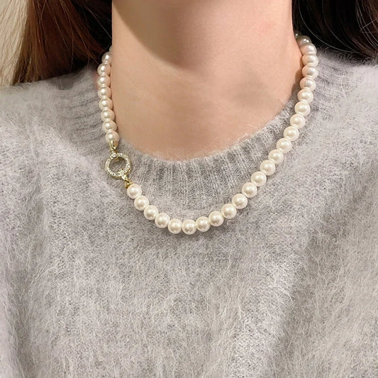 Luckacco French Elegant Micro Set Zircon Round Buckle Imitation Pearl Beaded Necklace For Women's Temperament Jewelry Sweet Accessories