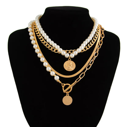 Luckacco Boho Gold Color Metal Round Pendant Necklace 2025 Women's Multi Layer Sweet Imitation Pearl Snake Chain Girls Fashion Jewelry