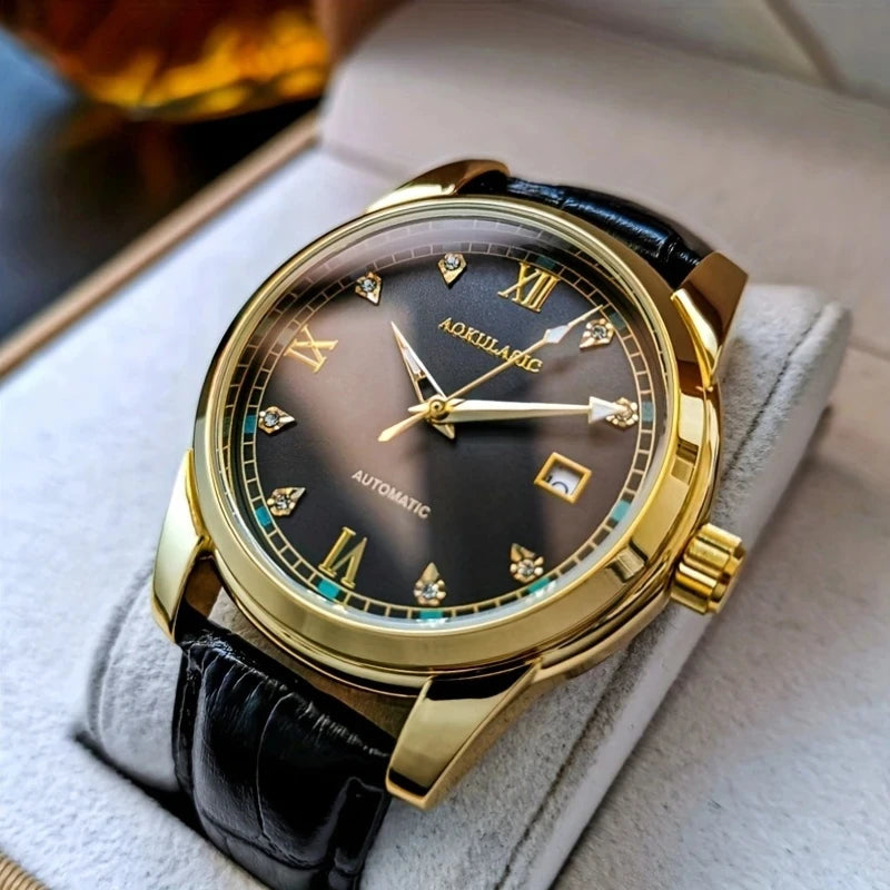 luckacco new stylish high-end business men's watch, fully automatic mechanical watch, skeleton design, round dial, with calendar display, leather strap, fashionable accessory, suitable for business and casual wear, european, american, japanese, and k
