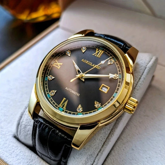 Luckacco New Stylish High-End Business Men's Watch, Fully Automatic Mechanical Watch, Skeleton Design, Round Dial, with Calendar Display, Leather Strap, Fashionable Accessory, Suitable for Business and Casual Wear, European, American, Japanese, and K