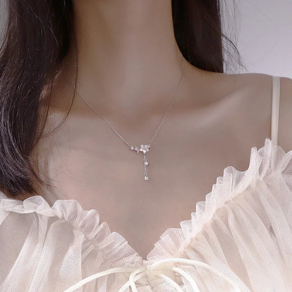 Luckacco 925 Sterling Silver Inlaid Zircon Necklaces for Women Romantic Cherry Blossom Pendant Clavicle Chain Choker Jewelry