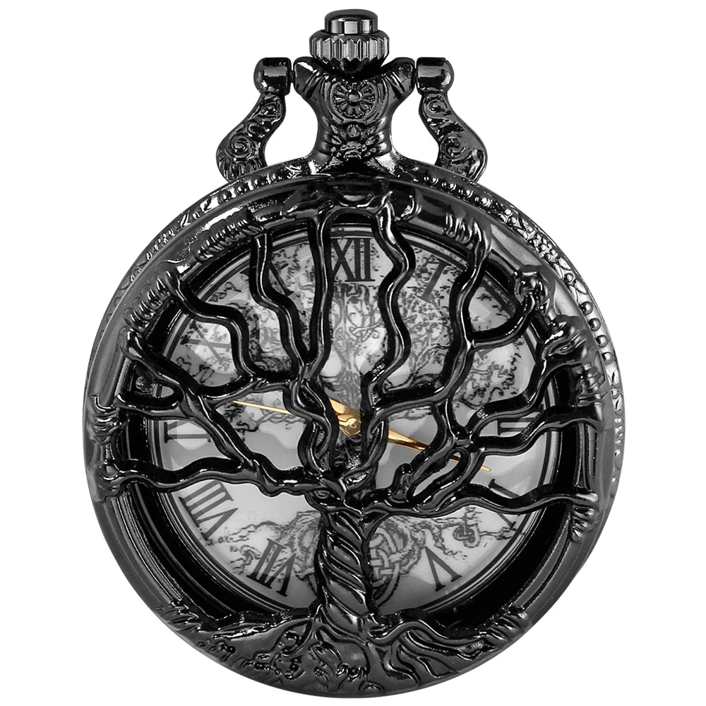 luckacco tree of life pattern sketch ink painting dial pocket watch all black vintage necklace chain quartz fob clock reloj