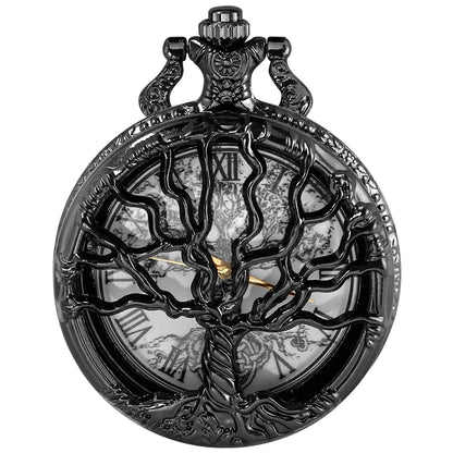 Luckacco Tree of Life Pattern Sketch Ink Painting Dial Pocket Watch All Black Vintage Necklace Chain Quartz fob Clock reloj