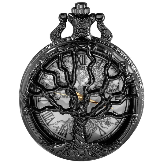 Luckacco Tree of Life Pattern Sketch Ink Painting Dial Pocket Watch All Black Vintage Necklace Chain Quartz fob Clock reloj