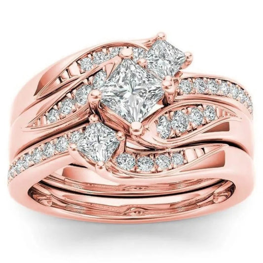 Luckacco Elegant Rose Gold Silver Gold Color Inlaid with White Zircon Rings Set Fashion Party Engagement Wedding Rings for Women Jewelry
