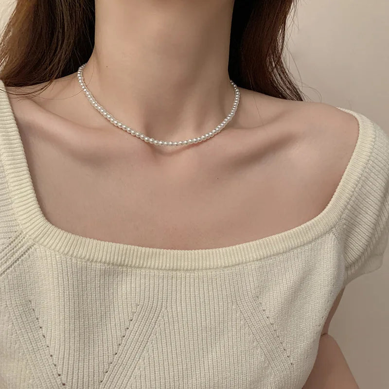 luckacco classic elegant white pearl chokers necklace for women men wedding banquet necklaces vintage beads handmade jewelry party gift