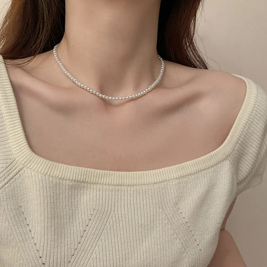 Luckacco Classic Elegant White Pearl Chokers Necklace For Women Men Wedding Banquet Necklaces Vintage Beads Handmade Jewelry Party Gift