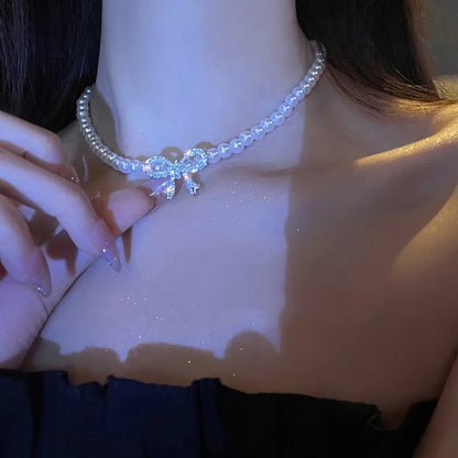 Luckacco Y2k Bowknot Pearl Necklace For Women Elegant Korean Style Rhinestone Heart Pendant Necklace Fashion Wedding Party Jewelry Gift