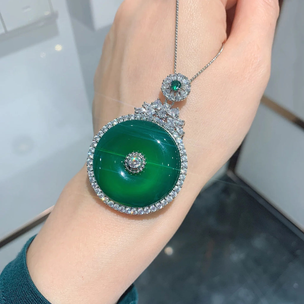 Round Emerald Pendant Necklace Birthday Gift Choker Silver Color Chain for Women Vintage Jewelry Wedding Anniversary Coquette