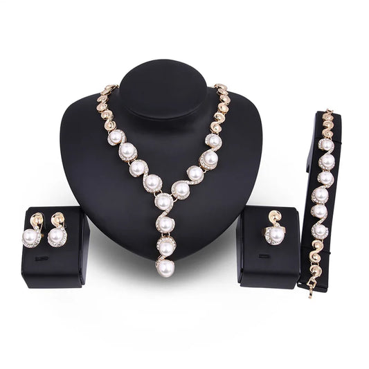 Luckacco 5 PCS Women's Metal Jewelry Set Pearl Necklace Earring Bracelet Set Holiday Party Jewelry Bridal Wedding Jewelry