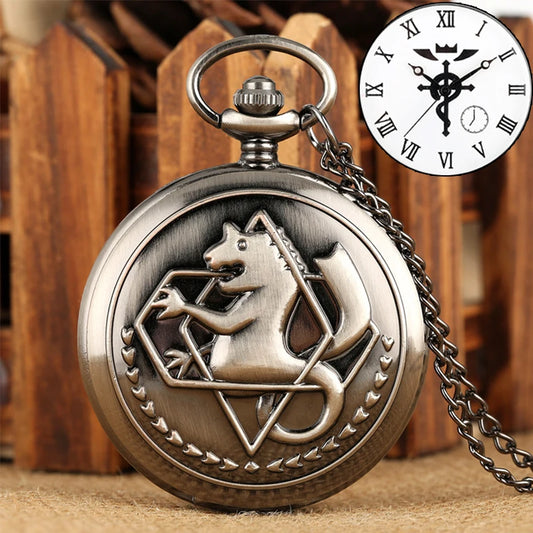 Luckacco Antique Fullmetal Alchemist Quartz Anime Pocket Watch Cosplay Edward Elric Clock Design Pendant Necklace Chain Vintage Chain