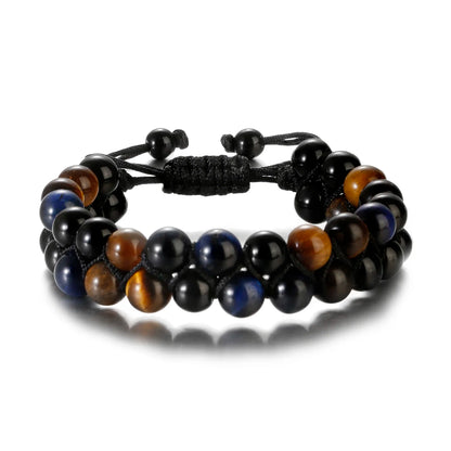 Luckacco Fashion Men Tiger Eye Natutal Stone Beaded Braided Bracelet Bangles Handmade Double Layer Lapis Lazuli Bracelets Hommes