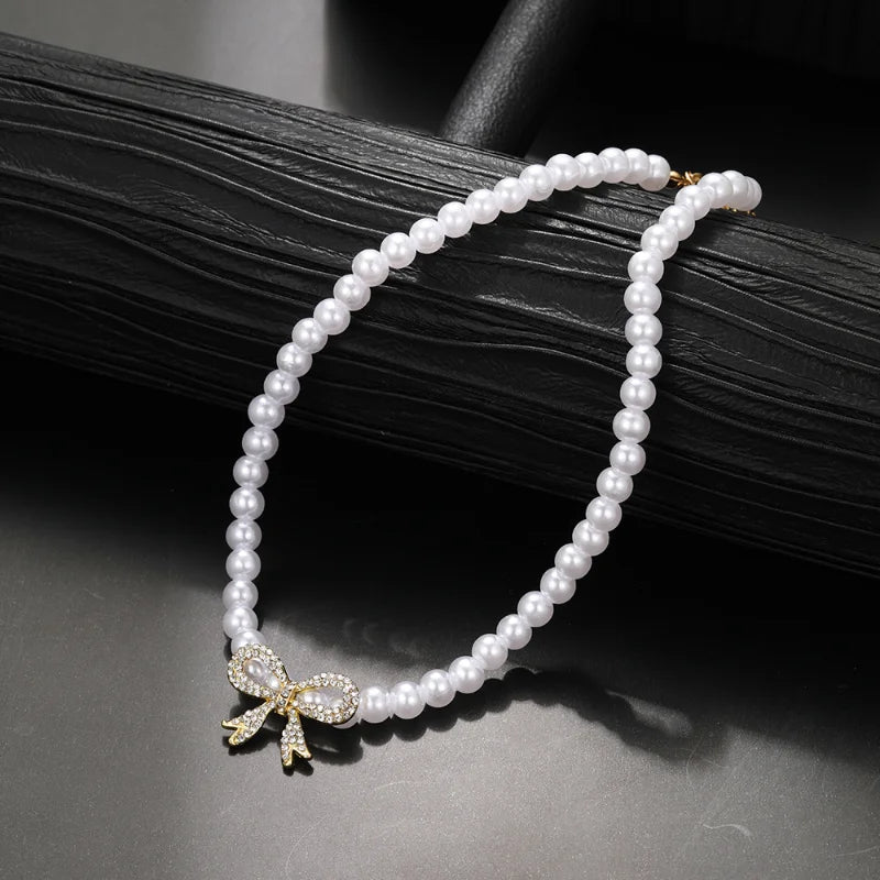 luckacco y2k bowknot pearl necklace for women elegant korean style rhinestone heart pendant necklace fashion wedding party jewelry gift